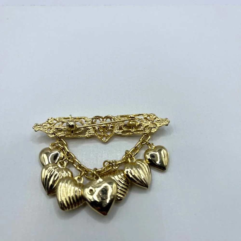 Gold Heart Charm Bar Brooch - Elegant Women’s Jewelry Hearts love - Picture 10 of 12